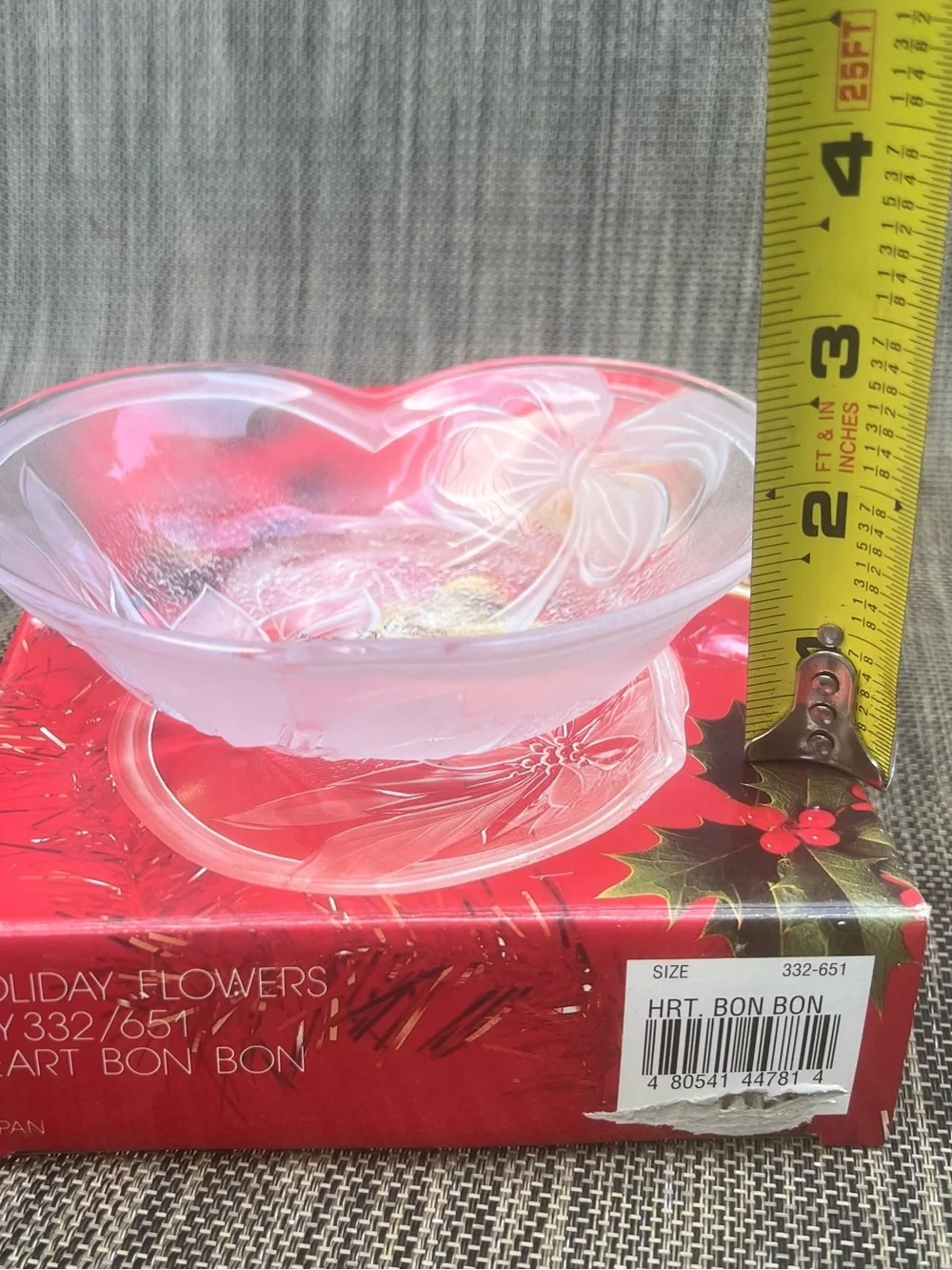 Vintage Heart Shaped Frosted Glass Trinket Jewelry Dish Floral Japan